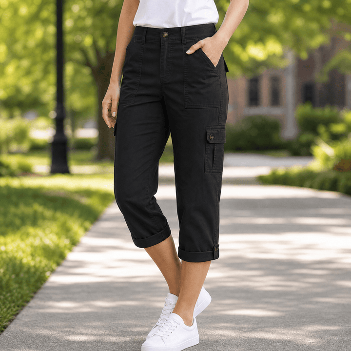 Movana – Women's Comfortable Stretch Capri with Pockets Black