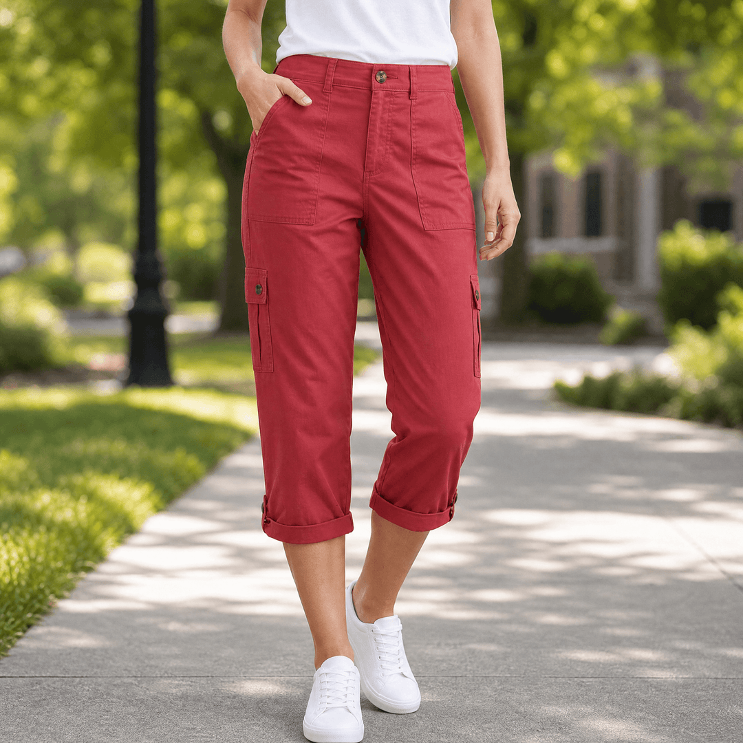 Movana – Women's Comfortable Stretch Capri with Pockets Red