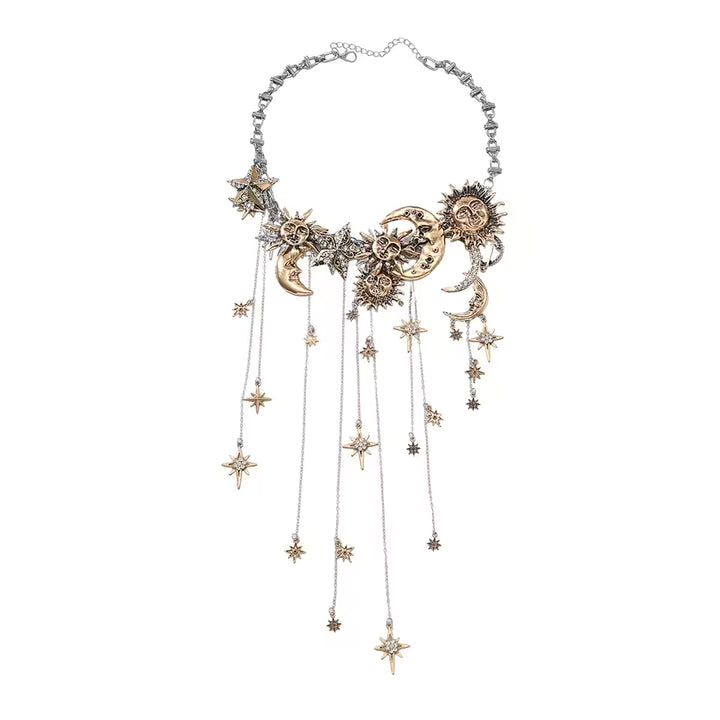 Celestra - Cascading Sun Moon & Star Fringe Necklace