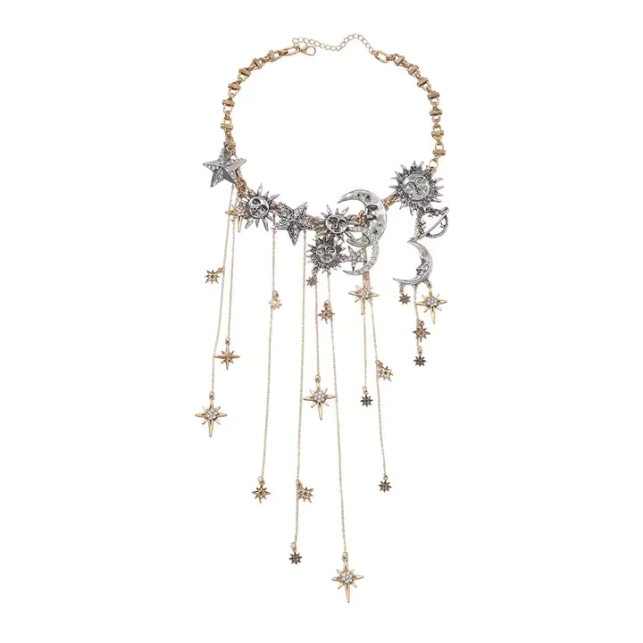 Celestra - Cascading Sun Moon & Star Fringe Necklace