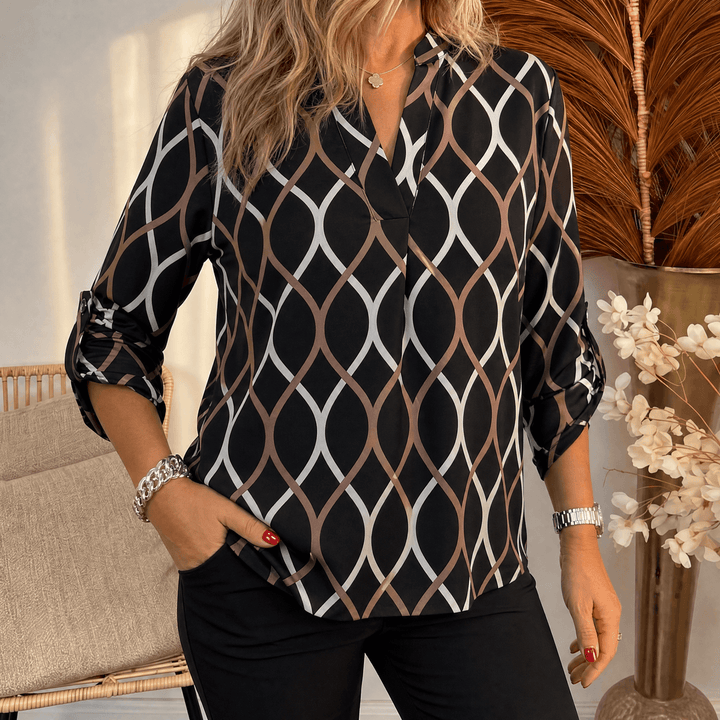 Nora – Women's Flowy Printed V-Neck Blouse Brown-Black Geo / S