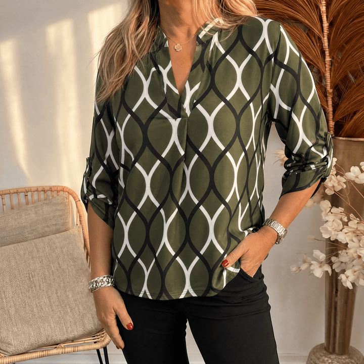 Nora – Women's Flowy Printed V-Neck Blouse Forest Green Geo / S