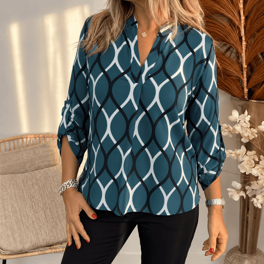 Nora – Women's Flowy Printed V-Neck Blouse Teal-Black Geo / S