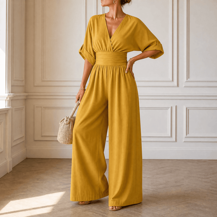 Olyara – Women's Elegant Wrap Jumpsuit mustard