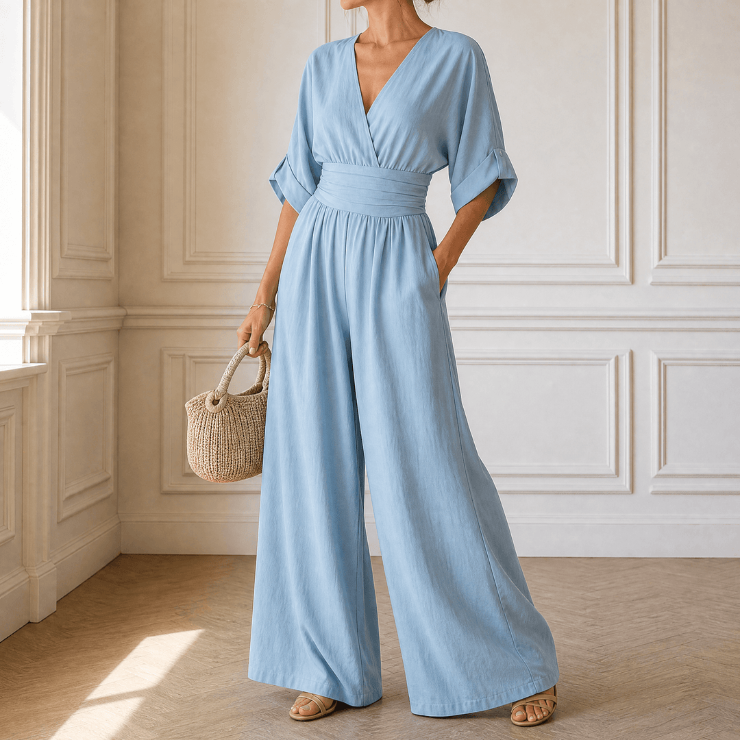Olyara – Women's Elegant Wrap Jumpsuit powder blue