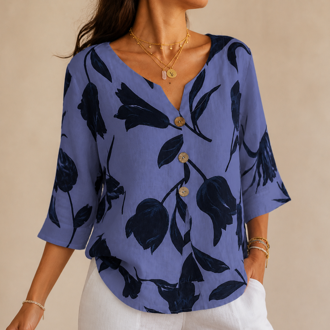 Florelle™ – Floral Linen V-Neck Popover Blouse with 3/4 Sleeves