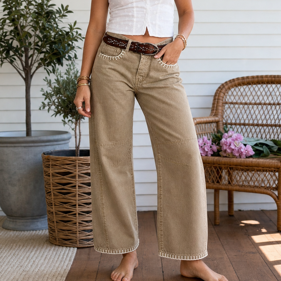 Virella™ – Whipstitch Barrel Leg Jeans for Women, Mid Rise Curved Pants