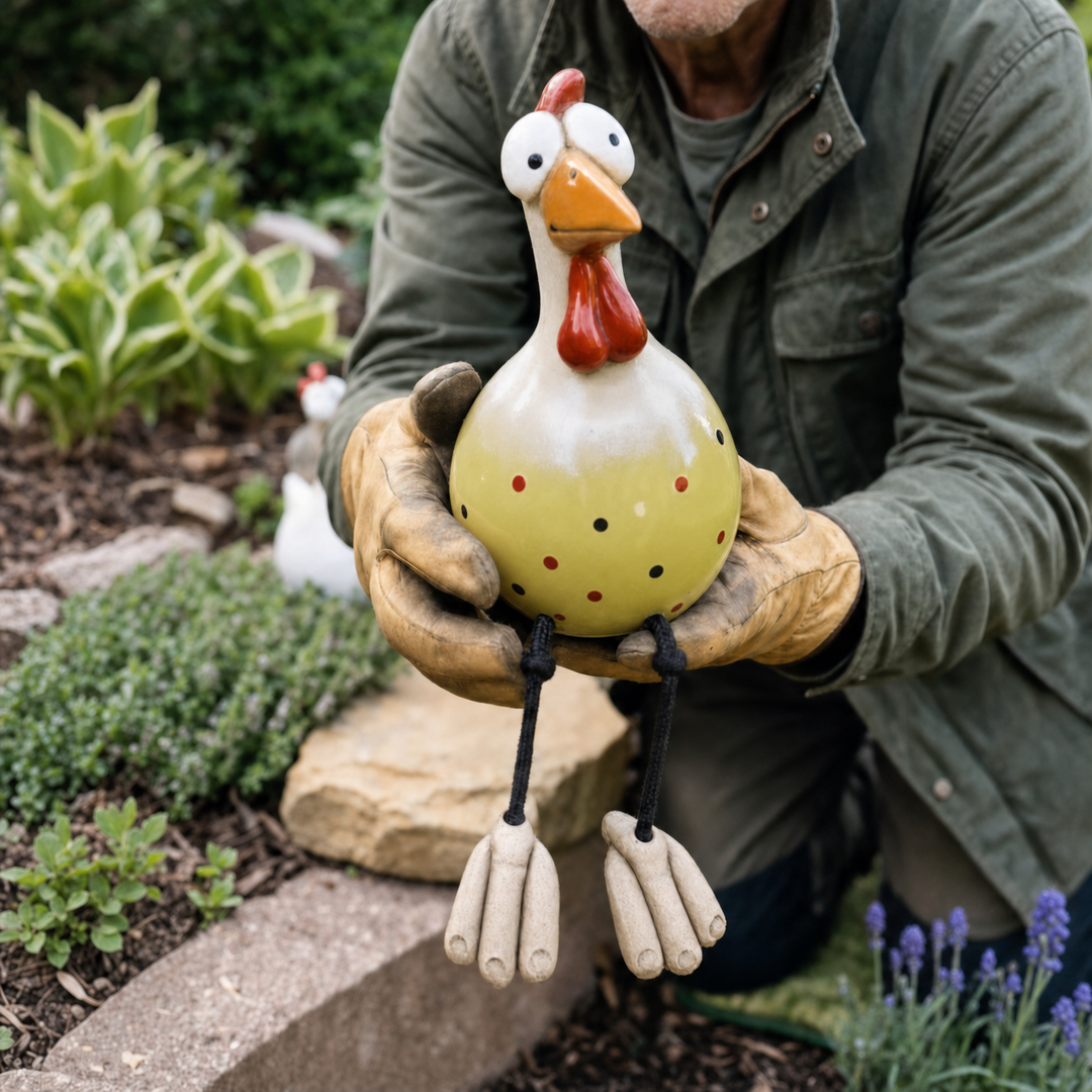 Henrietta™ – Hand-Glazed Ceramic Garden Hen with Dangling Legs