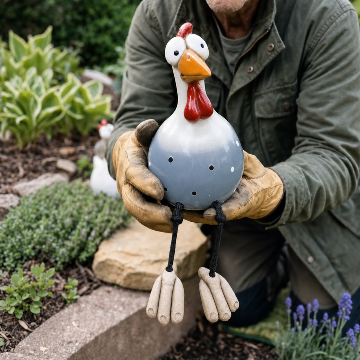 Henrietta™ – Hand-Glazed Ceramic Garden Hen with Dangling Legs