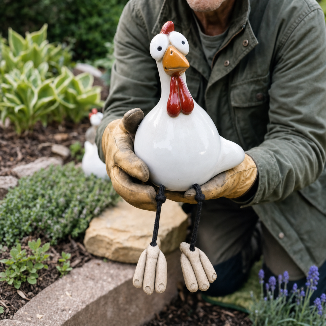 Henrietta™ – Hand-Glazed Ceramic Garden Hen with Dangling Legs