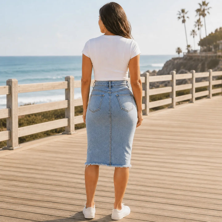 Marivel – High Waisted Denim Midi Skirt with Front Slit and Frayed Hem