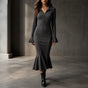 Selara – Ribbed Fishtail Knit Midi Dress with Half-Zip Collar