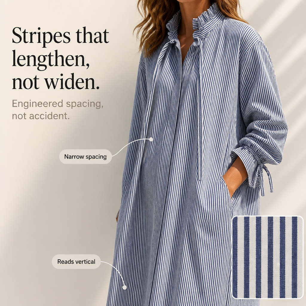 Verlyn – Striped Midi Dress That Reads Slim, Not Wide