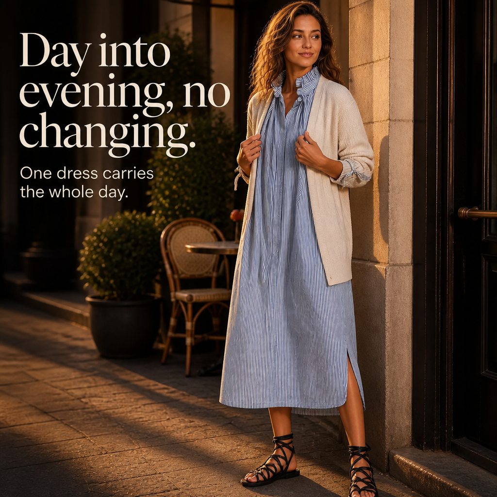 Verlyn – Striped Midi Dress That Reads Slim, Not Wide