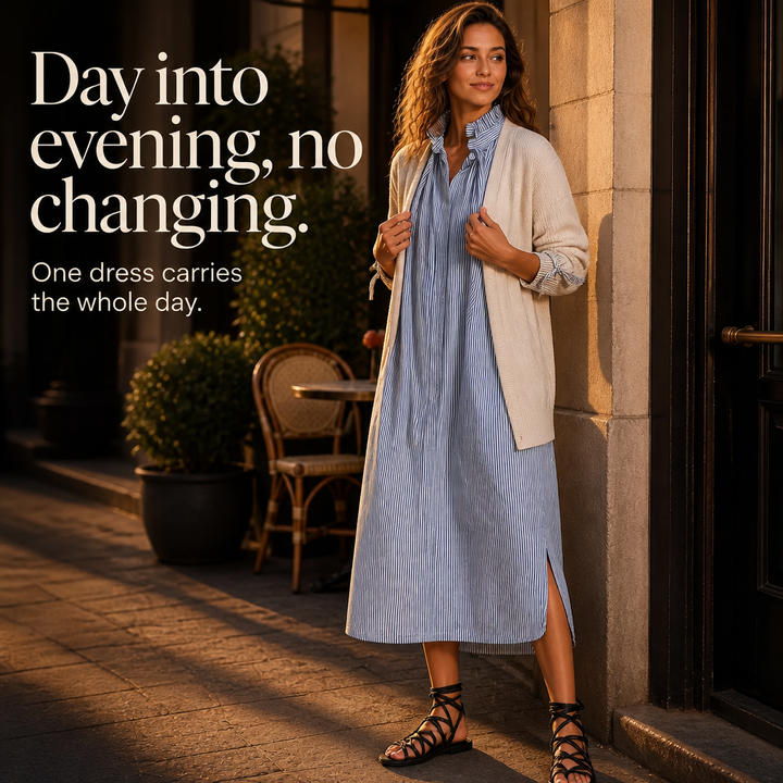 Verlyn – Striped Midi Dress That Reads Slim, Not Wide