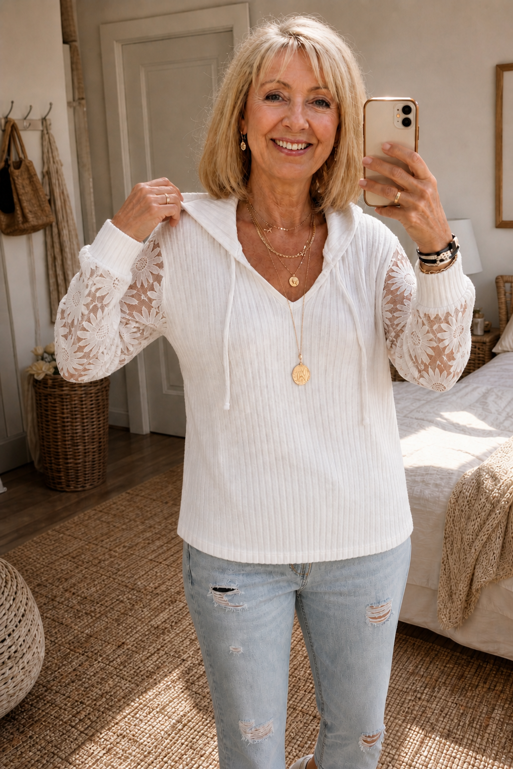 Lunetta – Lace Sleeve Ribbed Knit Hoodie Cardigan