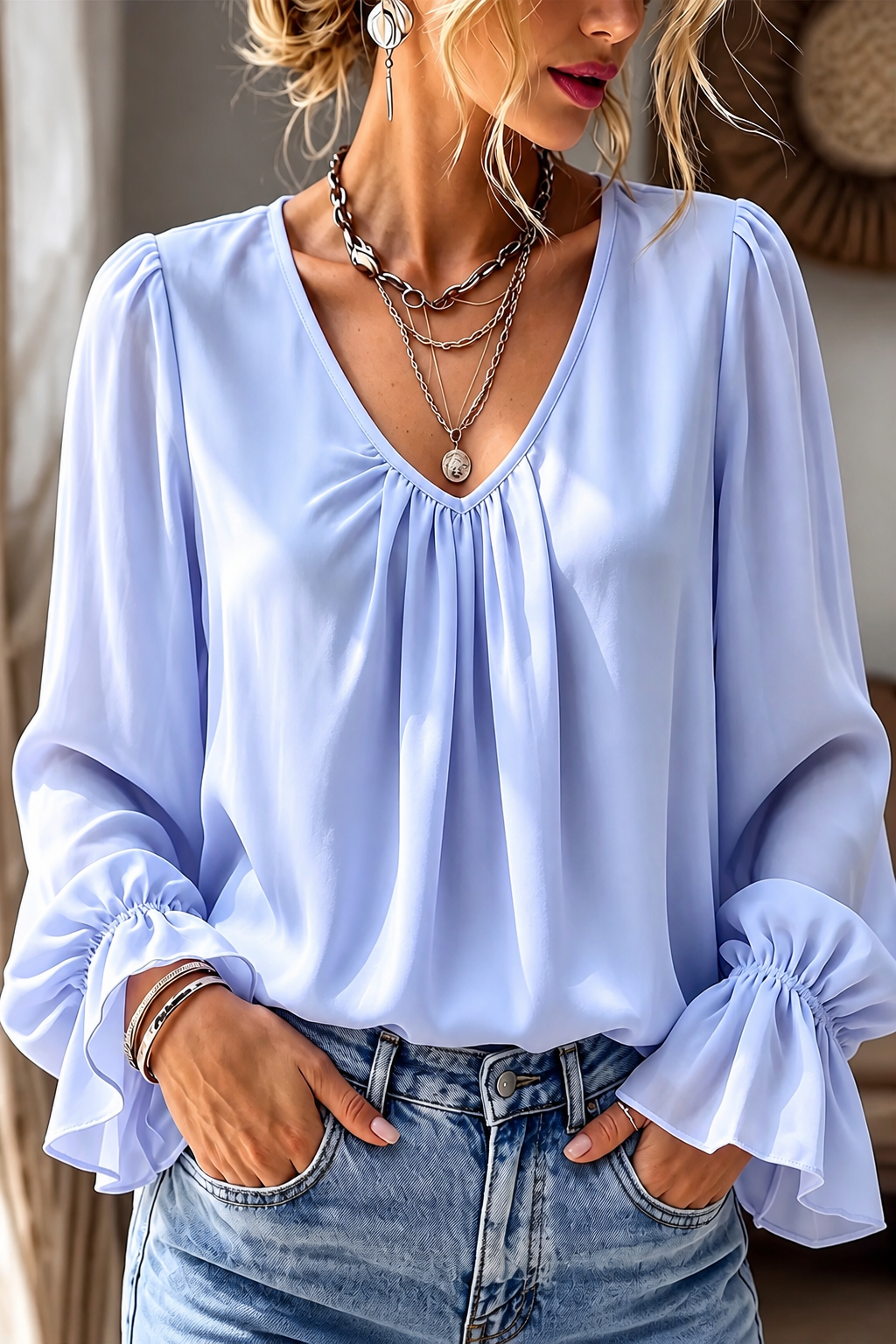Pleatrelle – V-Neck Pleated Blouse With Ruffled Cuffs