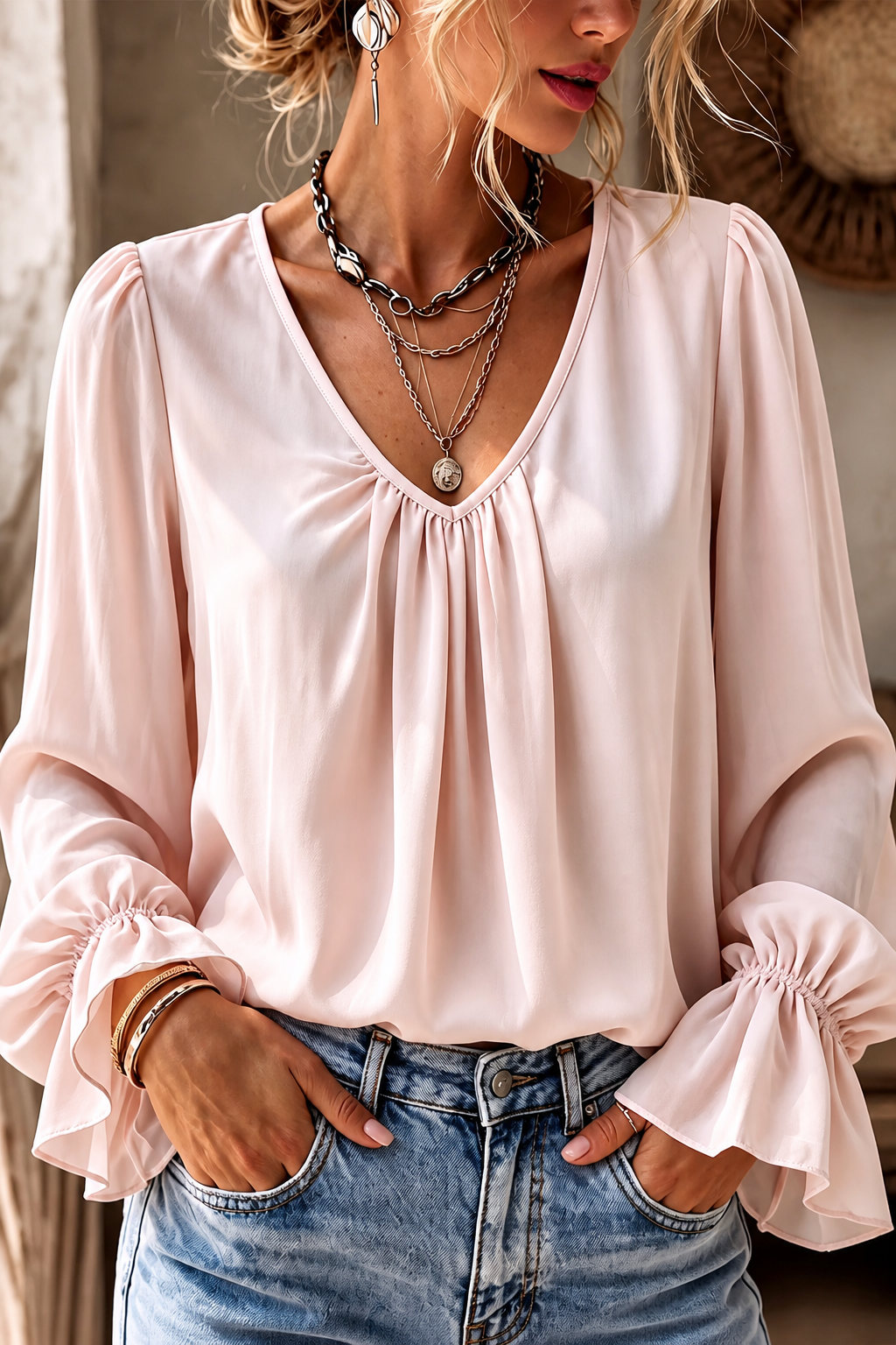 Pleatrelle – V-Neck Pleated Blouse With Ruffled Cuffs