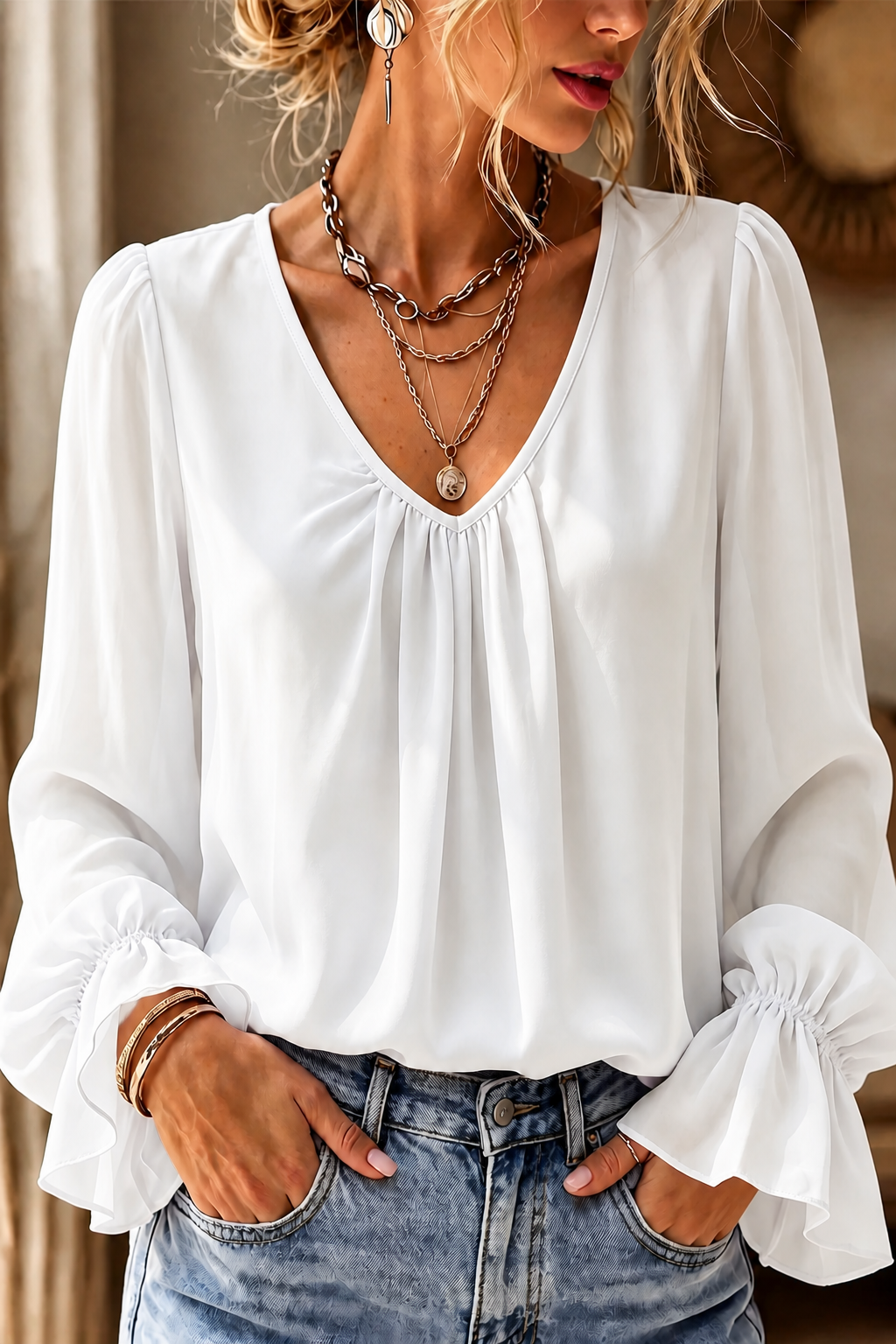 Pleatrelle – V-Neck Pleated Blouse With Ruffled Cuffs
