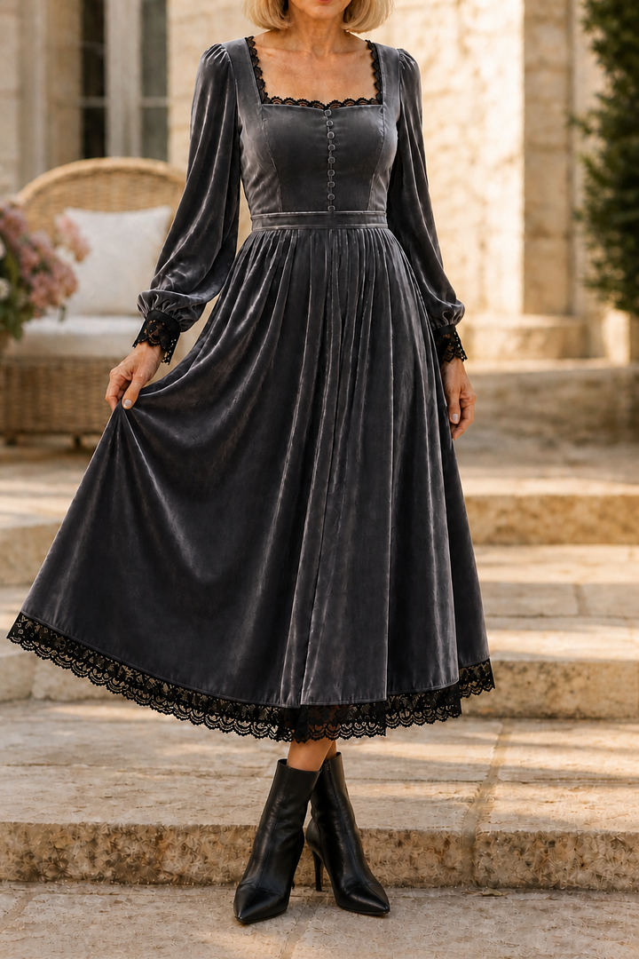 Velourette – Square Neck Fitted Waist Velvet Midi Dress