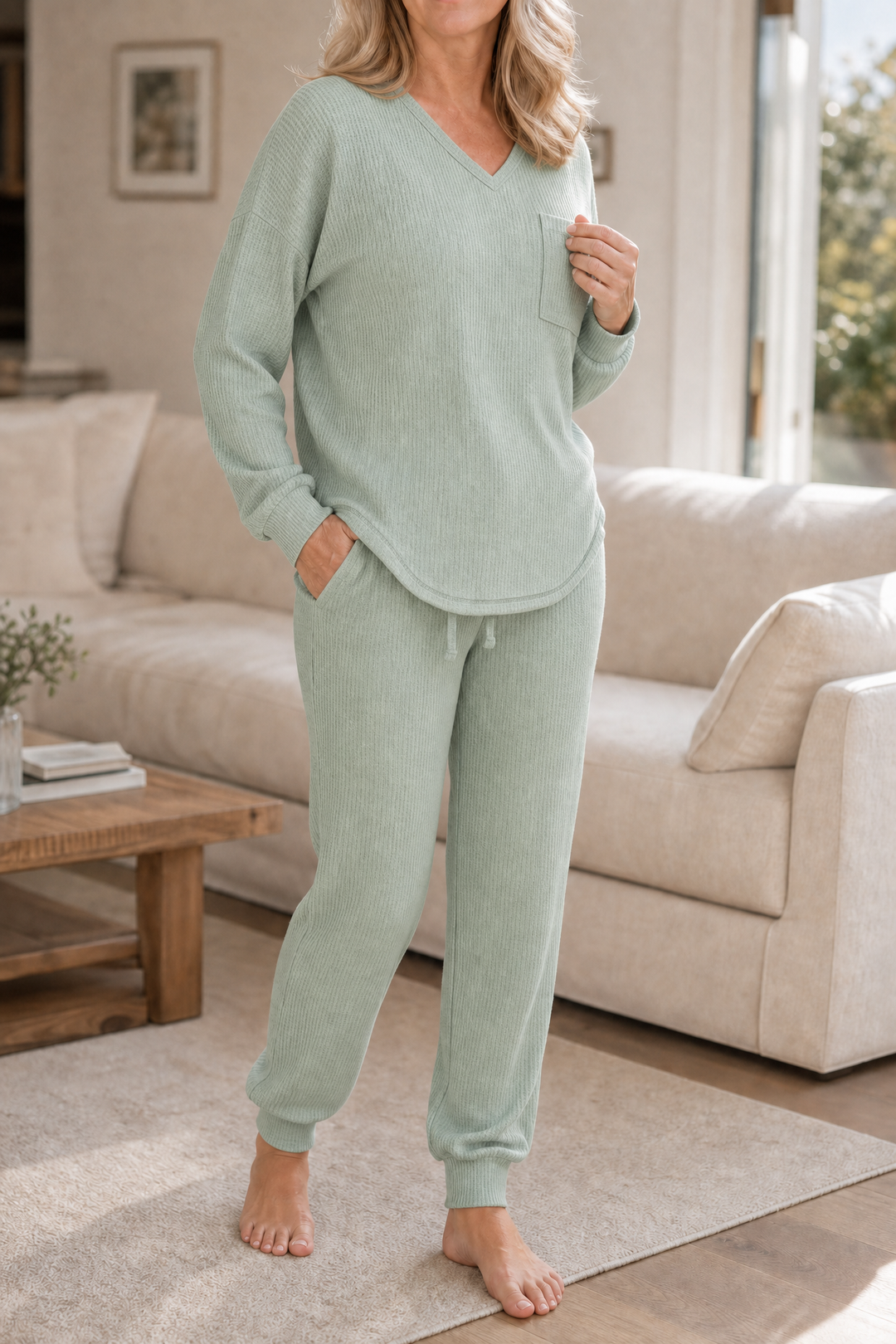 Wearbella – Waffle-Knit-Look V-Neck Lounge Set