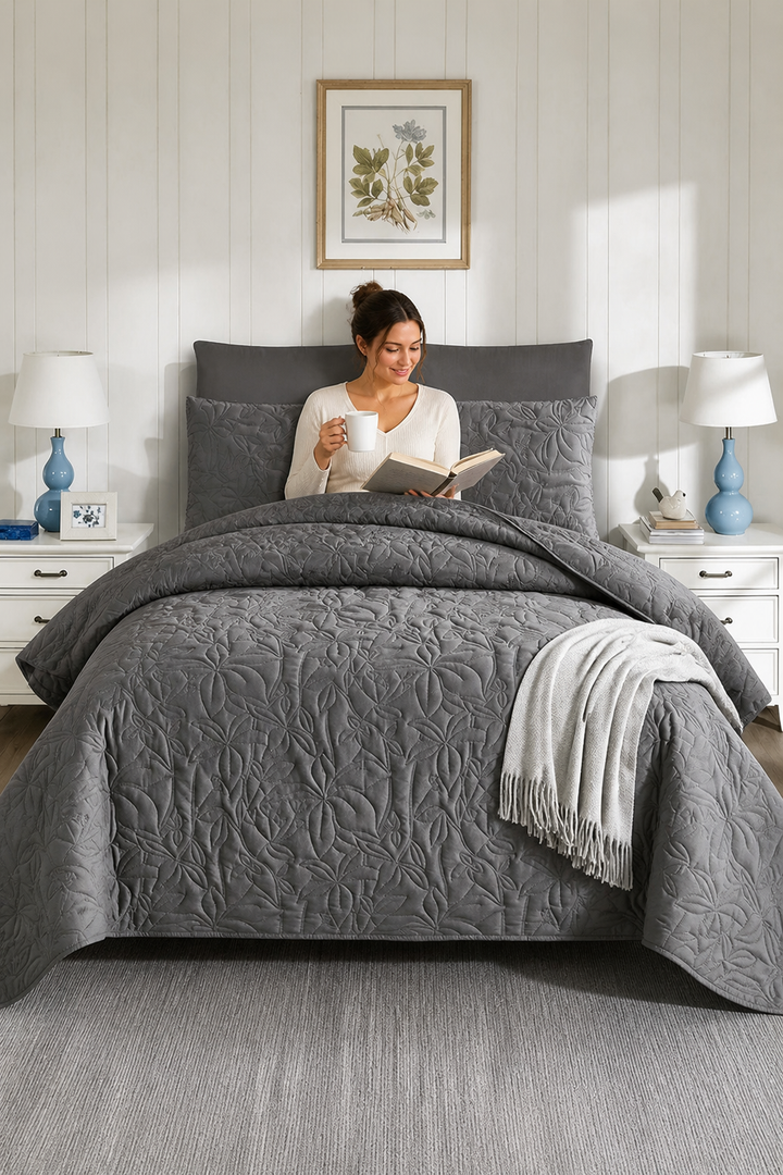 Beddura – Embossed Floral Washed Cotton Comforter Set