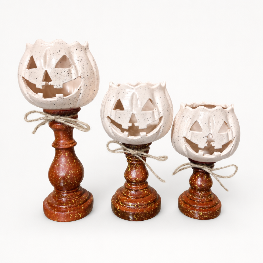 Harvestglow – Distressed Layered Pumpkin Candle Holder Trio (3-pack)