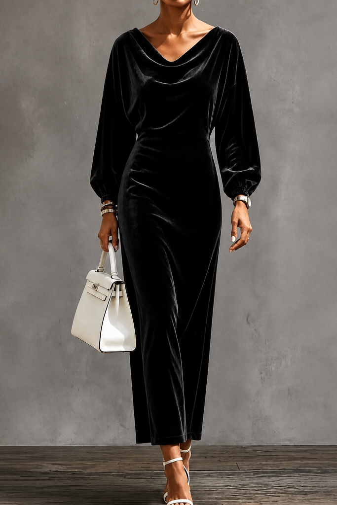 Velvienne – Round Neck Velvet Look Midi Dress