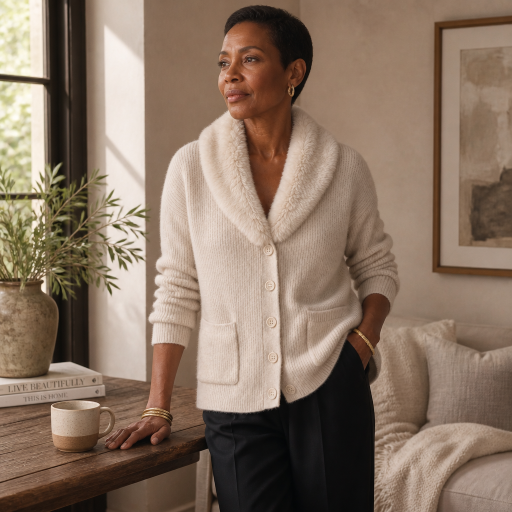 Shaguna – Shaggy Collar Ribbed Knit Cardigan