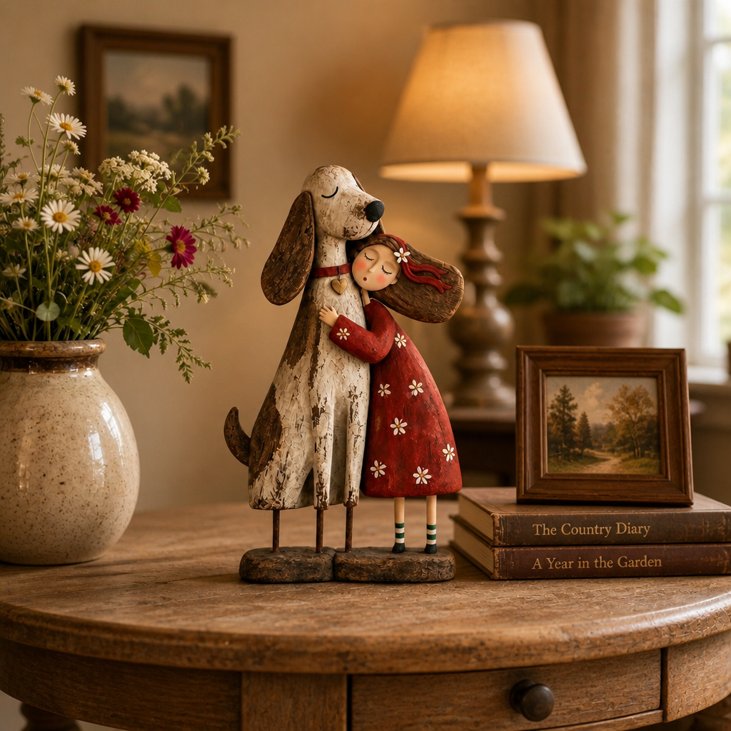 Wearbella – Distressed Resin Girl Hugging Pet Figurine
