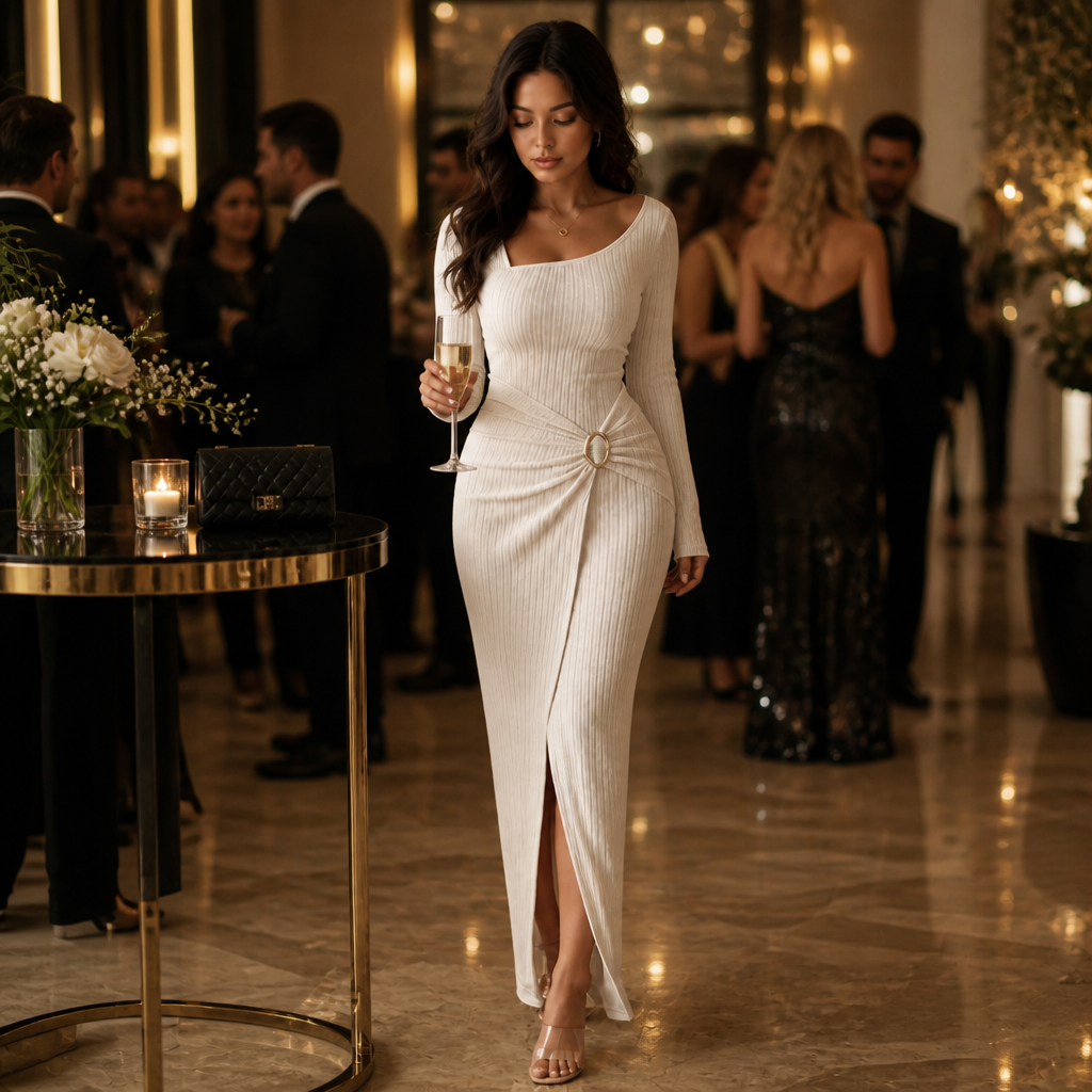 Velvenza – Ring-Pleated Asymmetrical Neck Bodycon Maxi Dress