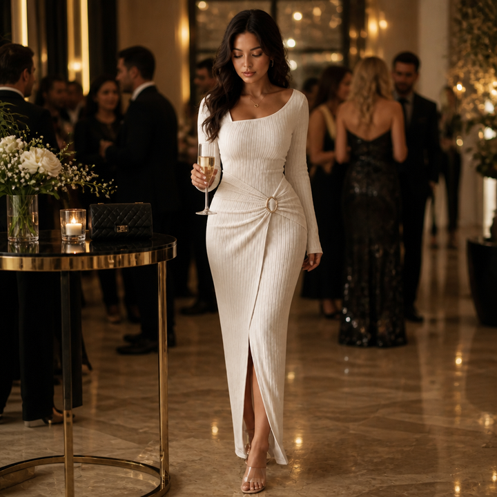 Velvenza – Ring-Pleated Asymmetrical Neck Bodycon Maxi Dress