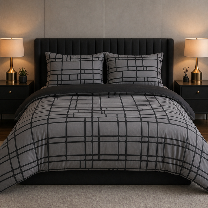 Gridfolia – Geometric Plaid-Grid Duvet Cover Set