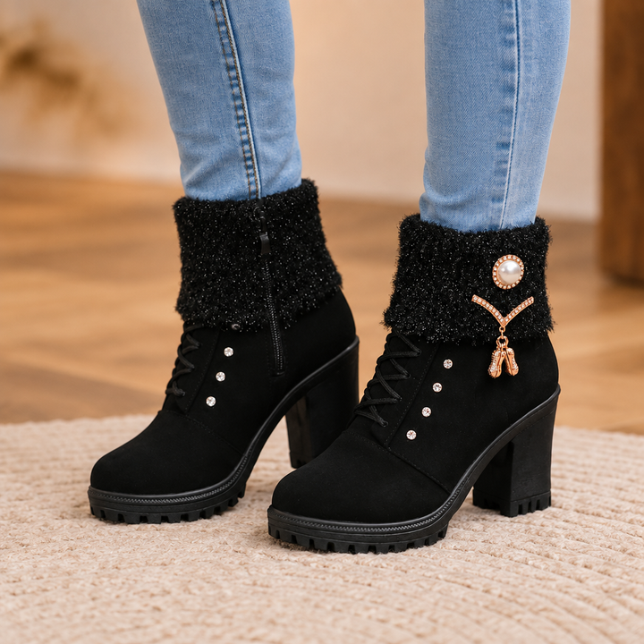 Wearbella – Fur-Lined Rhinestone Trim Block Heel Boots