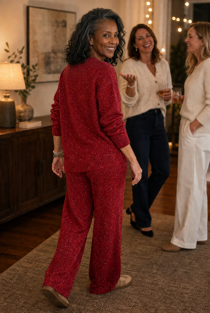 Sparklounge – Glitter-Knit Drawstring Sweater And Pants Set