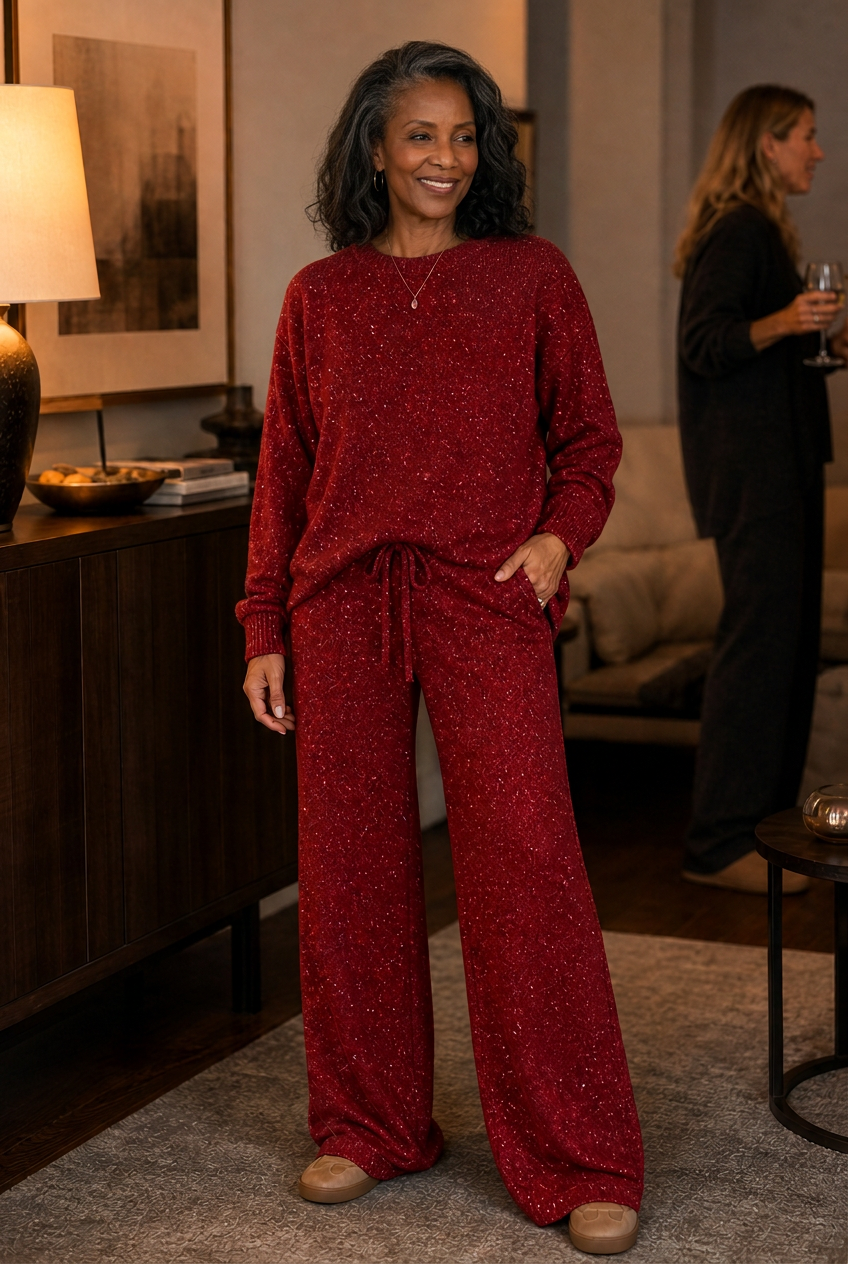 Sparklounge – Glitter-Knit Drawstring Sweater And Pants Set