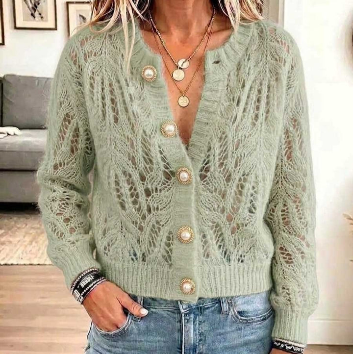 Lunarknit – Openwork Wave Knit Button-Front Cardigan