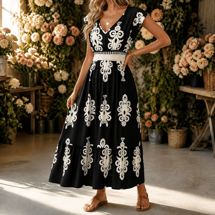 Osyrel – Women's Damask Print Midi Dress with V-Neck Black