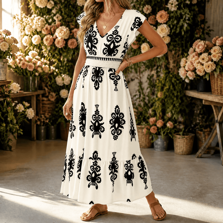 Osyrel – Women's Damask Print Midi Dress with V-Neck Ivory