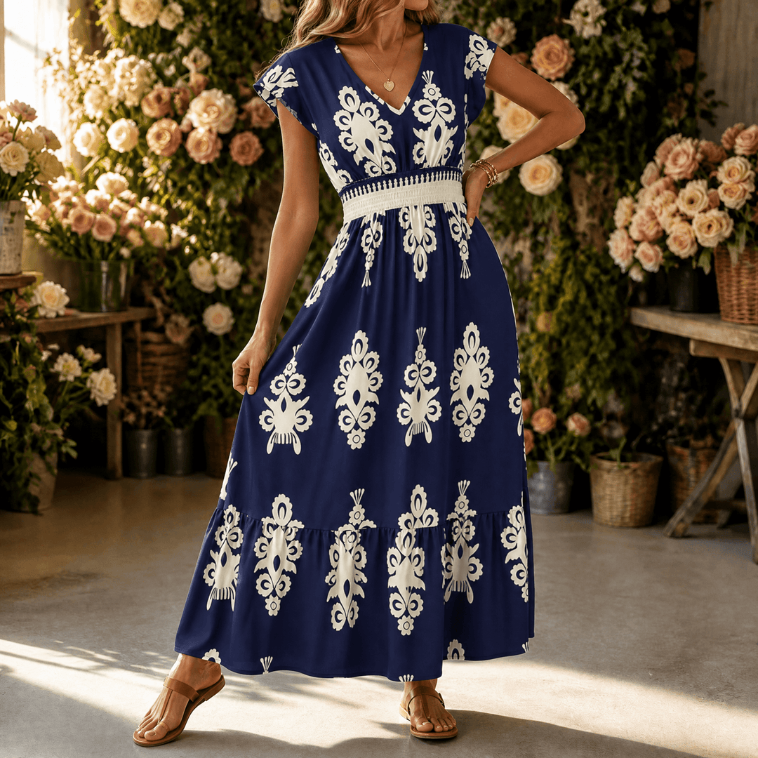 Osyrel – Women's Damask Print Midi Dress with V-Neck Navy