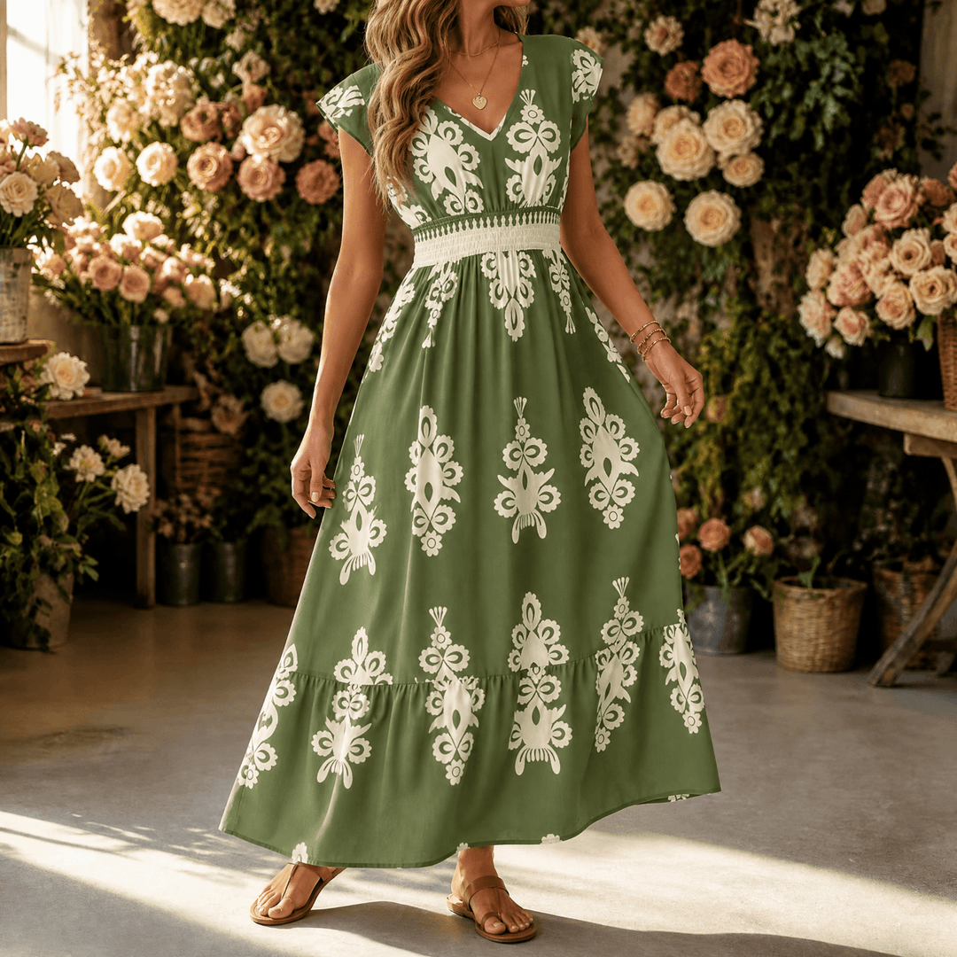 Osyrel – Women's Damask Print Midi Dress with V-Neck Sage Green