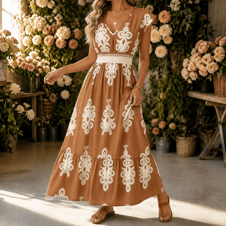 Osyrel – Women's Damask Print Midi Dress with V-Neck Terracotta