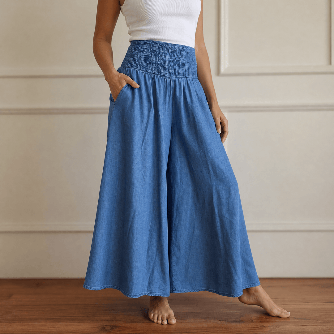 Palazza – Smocked Waist Wide Leg Palazzo Pants Chambray Blue / S