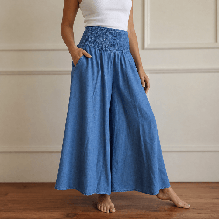 Palazza – Smocked Waist Wide Leg Palazzo Pants Chambray Blue / S
