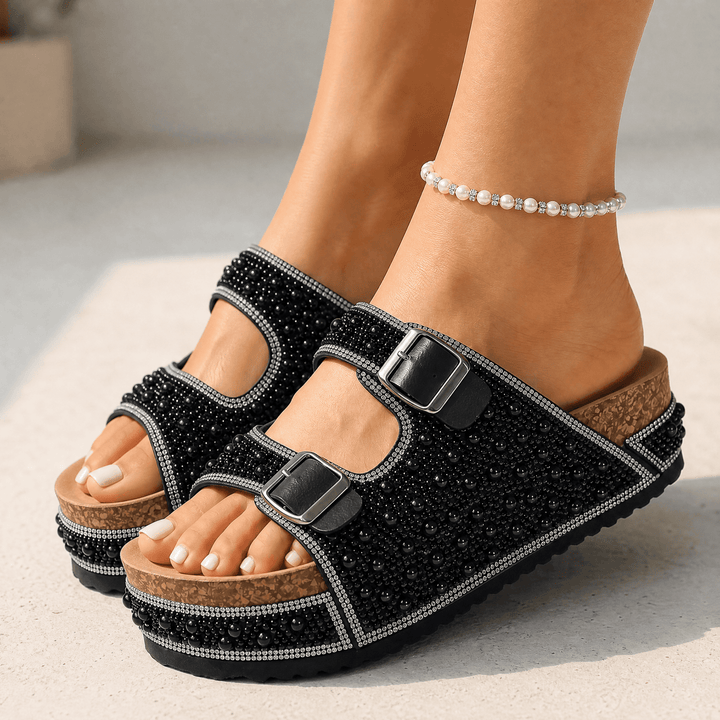Pearlique – Pearl Platform Slide Sandals Black / 5
