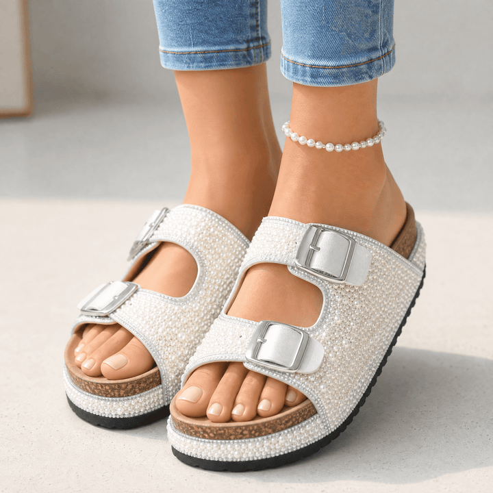 Pearlique – Pearl Platform Slide Sandals Cream Pearl / 5