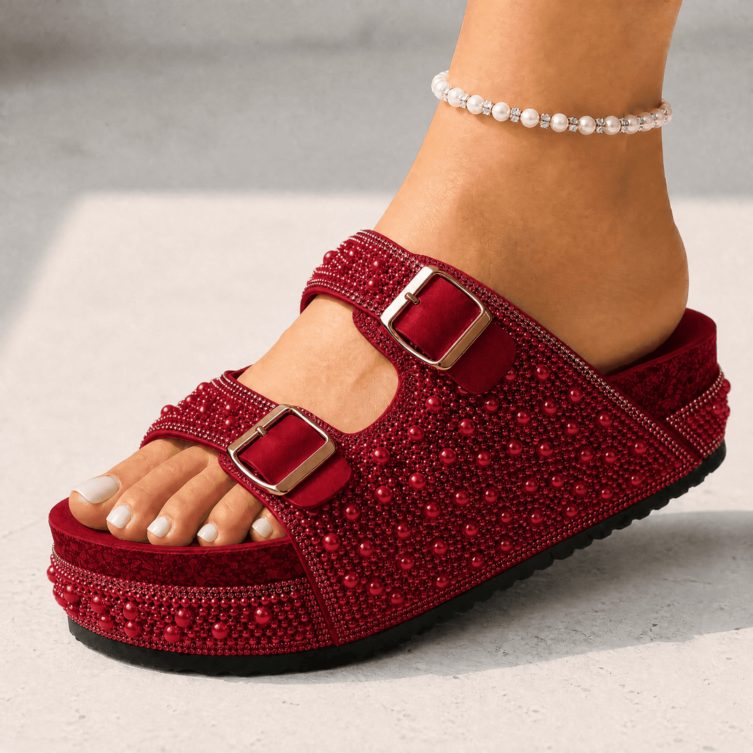 Pearlique – Pearl Platform Slide Sandals Ruby Red