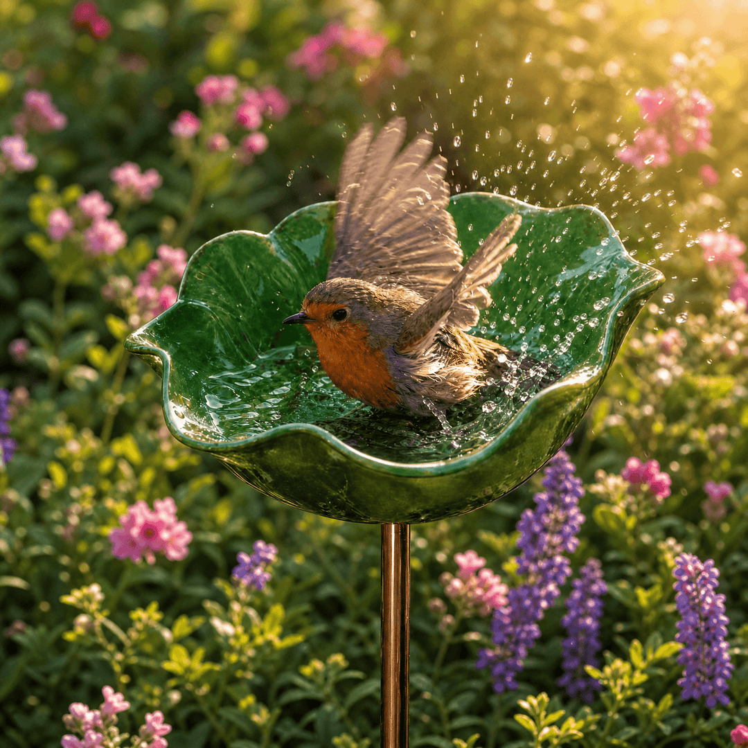 PetalHaven – Hand-Formed Poppy Bird Bath Garden Stake Green
