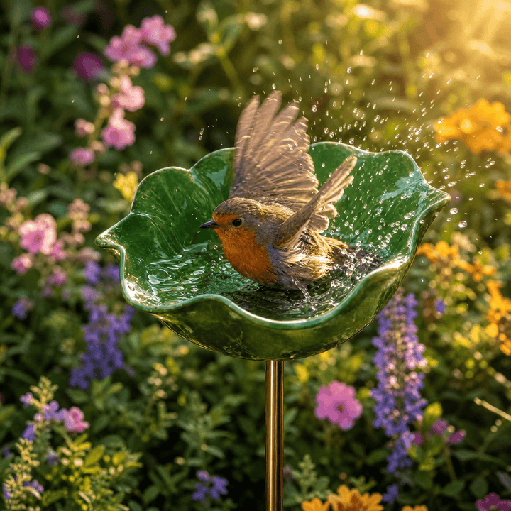PetalHaven – Hand-Formed Poppy Bird Bath Garden Stake Green