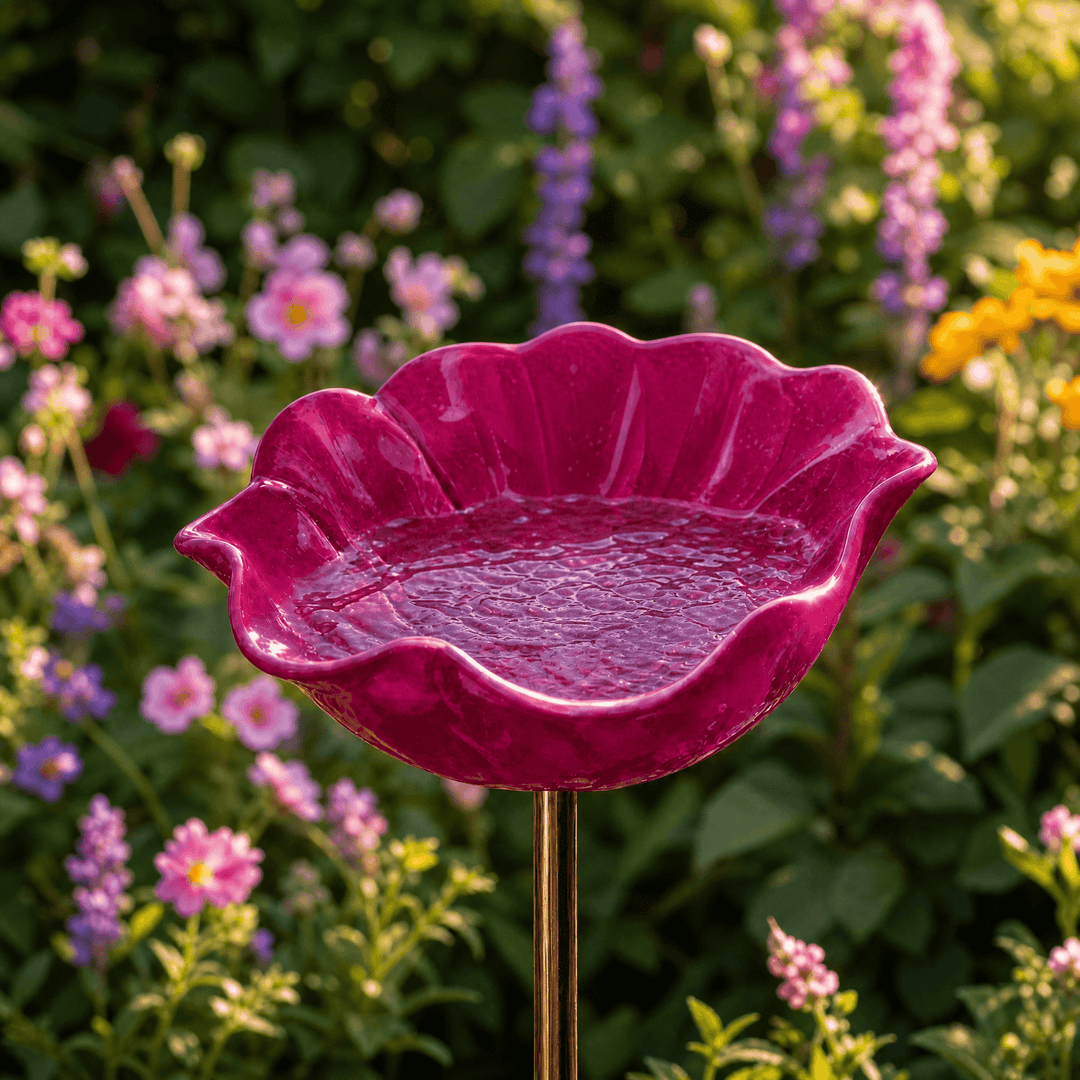 PetalHaven – Hand-Formed Poppy Bird Bath Garden Stake Hot Pink